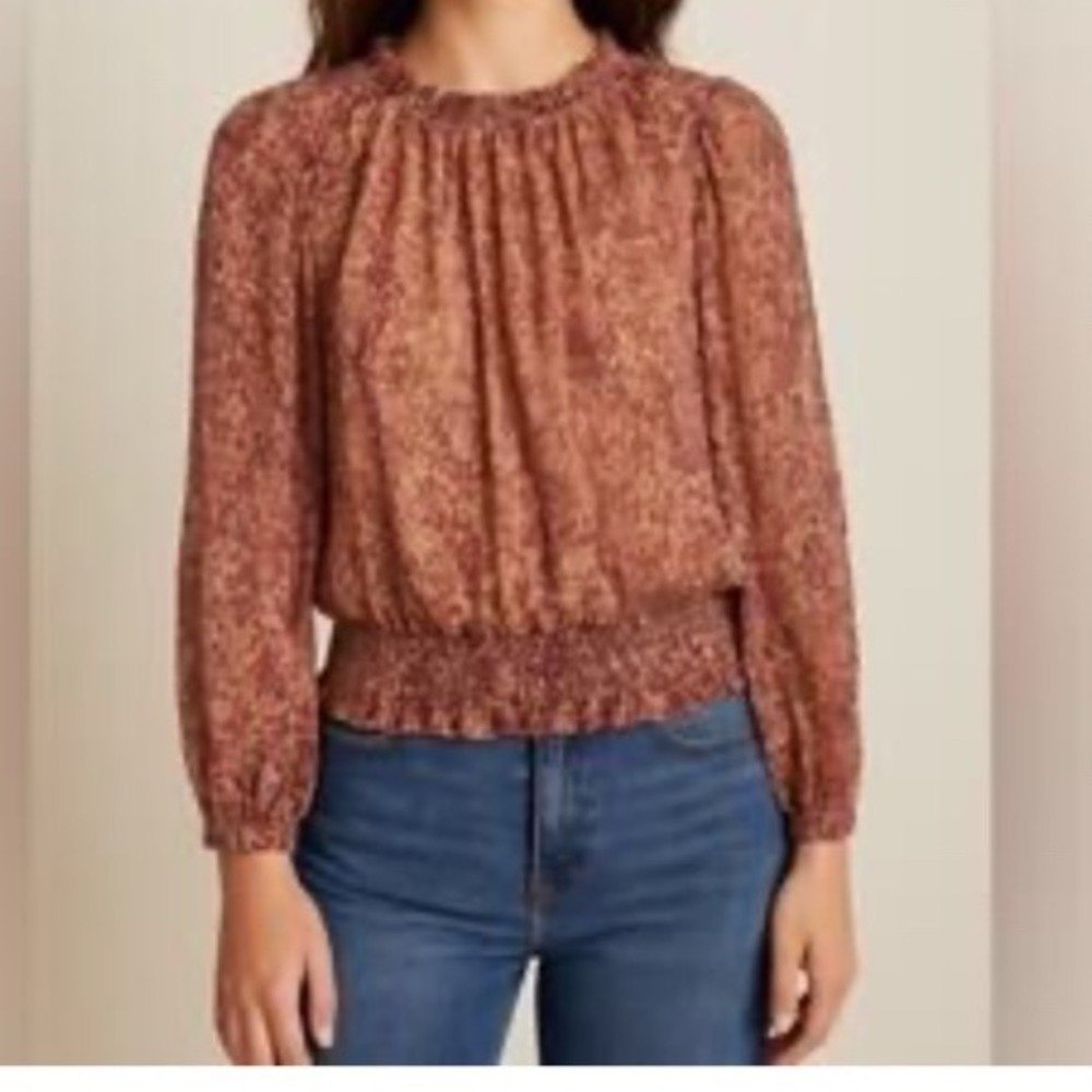 Joie Floral Metallic Smocked Blouse Long Sleeve Romantic Boho Medium
